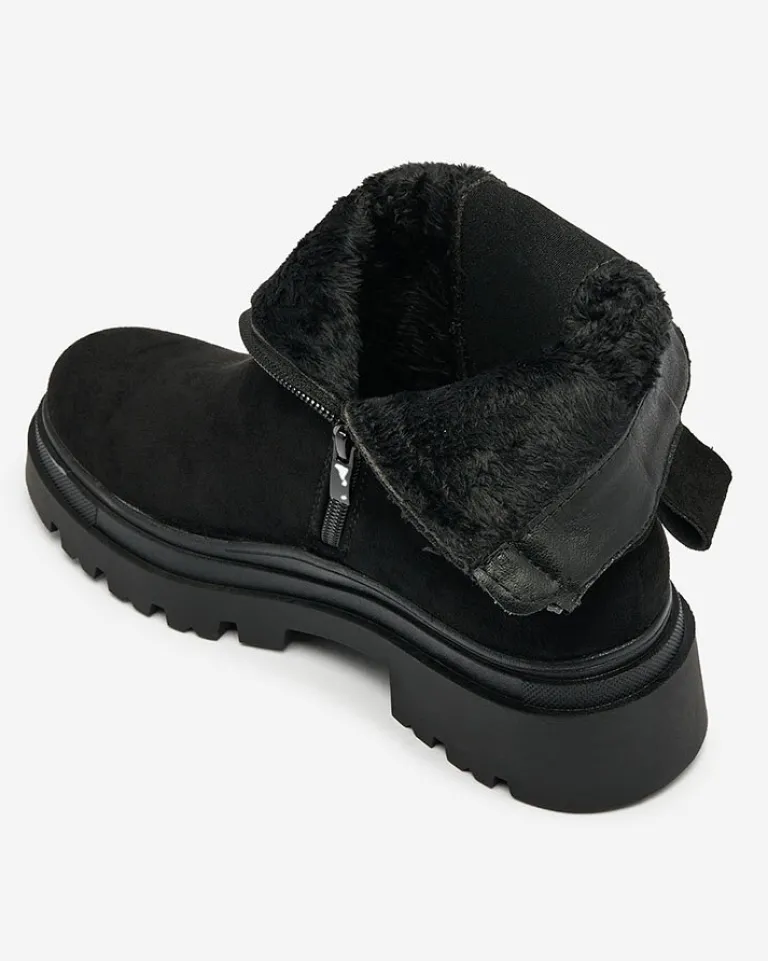 Sale Czarne damskie botki z ozdobnym paskiem Doasa Botki Z Delikatnym Ociepleniem|Botki Na Płaskim Obcasie