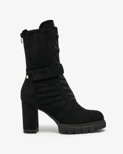 Outlet Czarne damskie ocieplane botki na słupku Sehhra Botki Z Delikatnym Ociepleniem|Botki Sznurowane