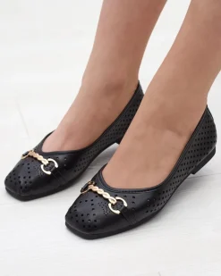 Czarne damskie ażurowe baleriny ze złotą ozdobą Serilla Baleriny Klasyczne