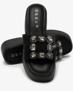 Discount Czarne damskie zdobione klapki na masywnej podeszwie Norixi Klapki Na Obcasie|Klapki Płaskie