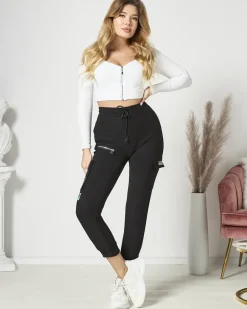 Outlet Czarne damskie spodnie typu bojówki z napisem Spodnie Cargo|Spodnie Materiałowe