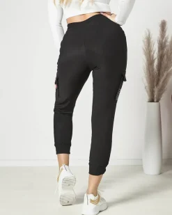 Outlet Czarne damskie spodnie typu bojówki z napisem Spodnie Cargo|Spodnie Materiałowe