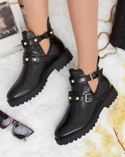 Hot Czarne damskie zdobione botki na płaskim obcasie Pearl Elegance Botki Bez Ocieplenia|Botki Na Płaskim Obcasie