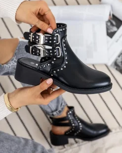 Online Czarne damskie botki z wycięciami Dlagona Botki Bez Ocieplenia|Botki Na Płaskim Obcasie