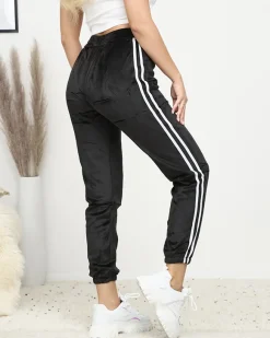 Best Czarne damskie ocieplane welurowe spodnie dresowe z lampasami Spodnie Dresowe