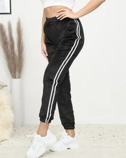 Best Czarne damskie ocieplane welurowe spodnie dresowe z lampasami Spodnie Dresowe