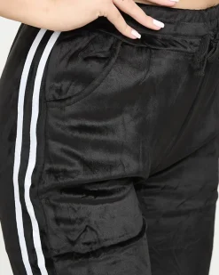 Best Czarne damskie ocieplane welurowe spodnie dresowe z lampasami Spodnie Dresowe