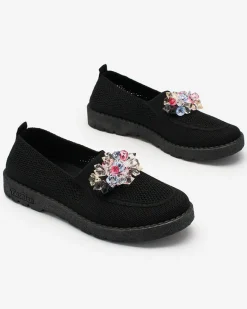 Online Czarne damskie materiałowe półbuty z kryształkami Fezens Półbuty