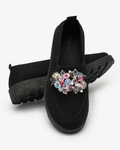 Online Czarne damskie materiałowe półbuty z kryształkami Fezens Półbuty