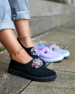 Online Czarne damskie materiałowe półbuty z kryształkami Fezens Półbuty