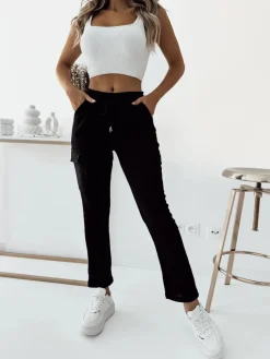 Online Czarne damskie prążkowane spodnie typu bojówki Spodnie Materiałowe