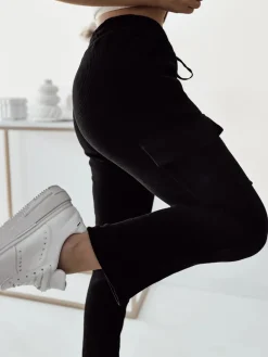 Online Czarne damskie prążkowane spodnie typu bojówki Spodnie Materiałowe