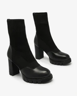 Outlet Czarne damskie botki na wyższym obcasie Flexi Booties Botki Bez Ocieplenia|Botki Na Słupku