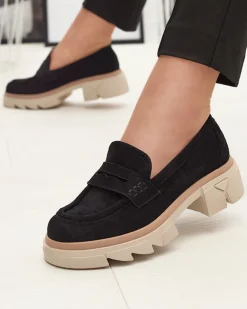 Sale Czarne damskie ażurowe mokasyny na masywnej podeszwie Ejina Półbuty|Mokasyny Na Płaskiej Podeszwie