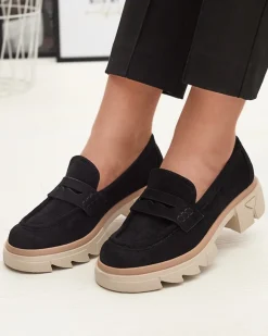 Sale Czarne damskie ażurowe mokasyny na masywnej podeszwie Ejina Półbuty|Mokasyny Na Płaskiej Podeszwie