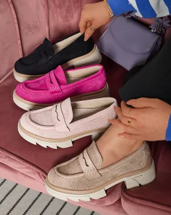 Sale Czarne damskie ażurowe mokasyny na masywnej podeszwie Ejina Półbuty|Mokasyny Na Płaskiej Podeszwie