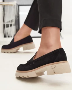 Sale Czarne damskie ażurowe mokasyny na masywnej podeszwie Ejina Półbuty|Mokasyny Na Płaskiej Podeszwie