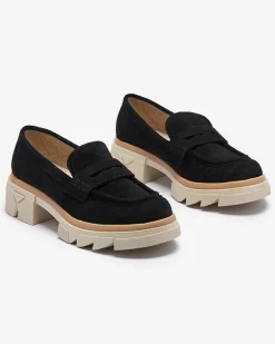 Sale Czarne damskie ażurowe mokasyny na masywnej podeszwie Ejina Półbuty|Mokasyny Na Płaskiej Podeszwie