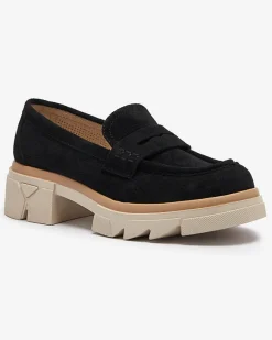 Sale Czarne damskie ażurowe mokasyny na masywnej podeszwie Ejina Półbuty|Mokasyny Na Płaskiej Podeszwie