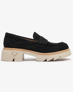 Sale Czarne damskie ażurowe mokasyny na masywnej podeszwie Ejina Półbuty|Mokasyny Na Płaskiej Podeszwie