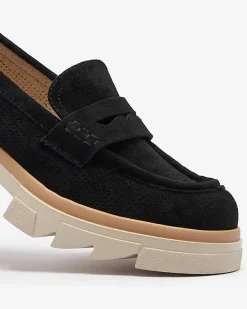 Sale Czarne damskie ażurowe mokasyny na masywnej podeszwie Ejina Półbuty|Mokasyny Na Płaskiej Podeszwie