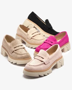 Sale Czarne damskie ażurowe mokasyny na masywnej podeszwie Ejina Półbuty|Mokasyny Na Płaskiej Podeszwie