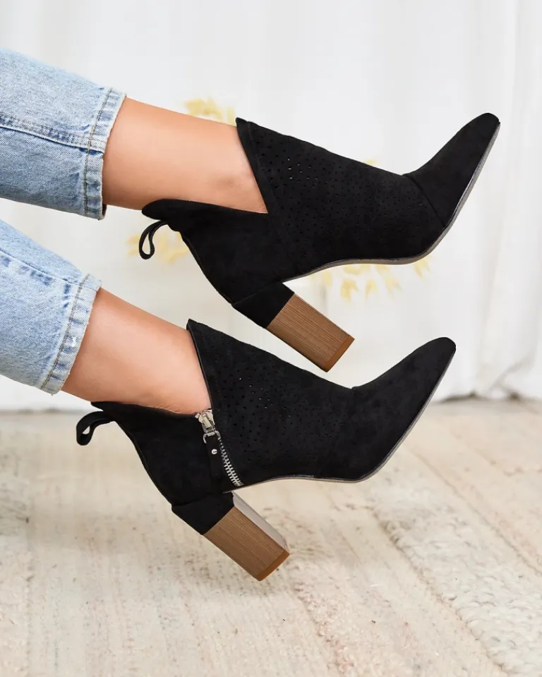 New Czarne damskie botki na wyższym słupku Swerros Botki Bez Ocieplenia|Botki Na Słupku