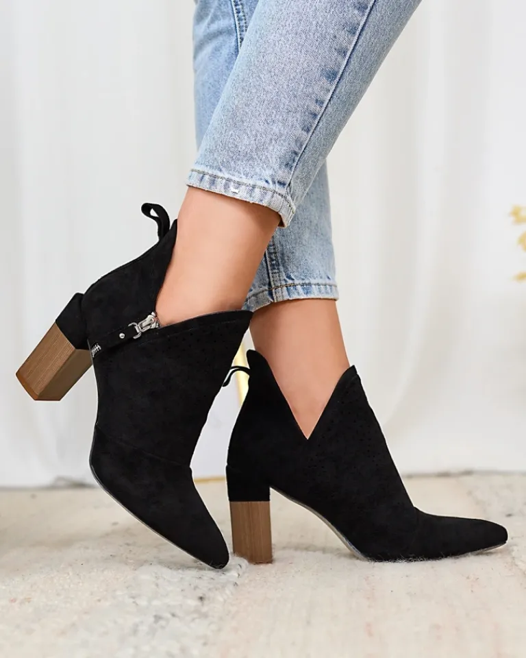 New Czarne damskie botki na wyższym słupku Swerros Botki Bez Ocieplenia|Botki Na Słupku