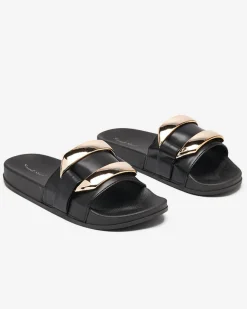 Best Czarne damskie klapki ze złotą ozdobą Serina Klapki Płaskie