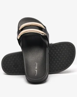 Best Czarne damskie klapki ze złotą ozdobą Serina Klapki Płaskie