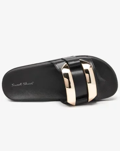 Best Czarne damskie klapki ze złotą ozdobą Serina Klapki Płaskie