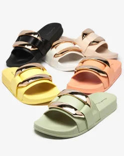 Best Czarne damskie klapki ze złotą ozdobą Serina Klapki Płaskie