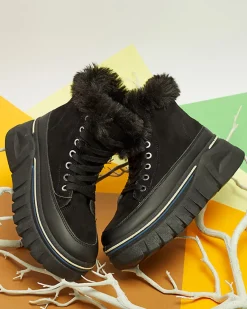 Discount Czarne damskie sznurowane buty a'la śniegowce na platformie Neatesa Śniegowce|Botki Z Grubym Ociepleniem