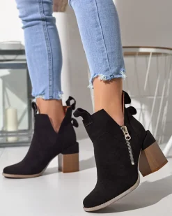 New Czarne damskie botki na kwadratowym słupku Darera Botki Bez Ocieplenia|Botki Na Słupku