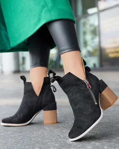 New Czarne damskie botki na kwadratowym słupku Darera Botki Bez Ocieplenia|Botki Na Słupku