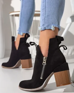 New Czarne damskie botki na kwadratowym słupku Darera Botki Bez Ocieplenia|Botki Na Słupku