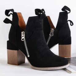 New Czarne damskie botki na kwadratowym słupku Darera Botki Bez Ocieplenia|Botki Na Słupku