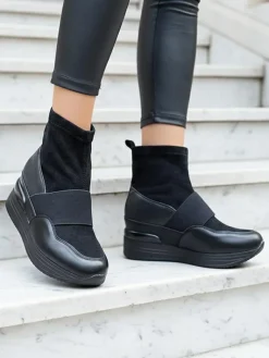 Online Czarne damskie wsuwane botki z tłoczeniem Keleda Botki Z Delikatnym Ociepleniem|Botki Na Koturnie