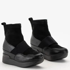 Online Czarne damskie wsuwane botki z tłoczeniem Keleda Botki Z Delikatnym Ociepleniem|Botki Na Koturnie