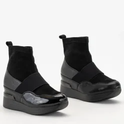 Online Czarne damskie wsuwane botki z tłoczeniem Keleda Botki Z Delikatnym Ociepleniem|Botki Na Koturnie