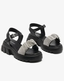 Online Czarne damskie sandały z cyrkoniami Pokio Sandały Płaskie