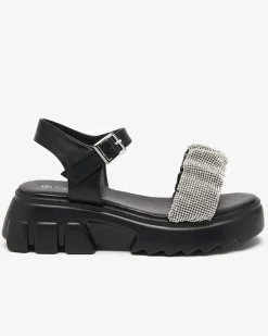 Online Czarne damskie sandały z cyrkoniami Pokio Sandały Płaskie