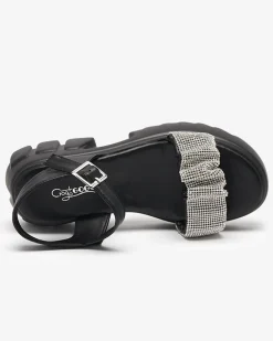 Online Czarne damskie sandały z cyrkoniami Pokio Sandały Płaskie