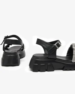 Online Czarne damskie sandały z cyrkoniami Pokio Sandały Płaskie