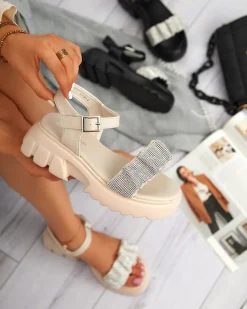 Online Czarne damskie sandały z cyrkoniami Pokio Sandały Płaskie