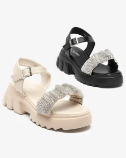 Online Czarne damskie sandały z cyrkoniami Pokio Sandały Płaskie