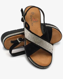 New Czarne damskie eko-zamszowe sandały z cyrkoniami Trikysa Sandały Płaskie