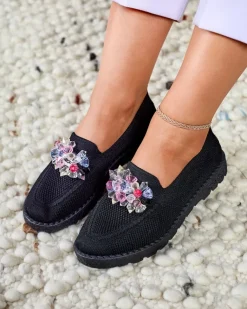 Best Czarne damskie zdobione półbuty slip on Enweta Półbuty