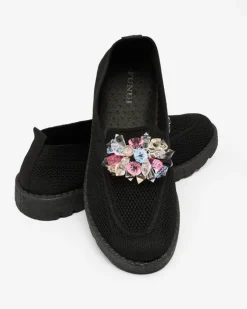 Best Czarne damskie zdobione półbuty slip on Enweta Półbuty