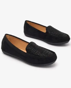 New Czarne damskie mokasyny z cyrkoniami Bretika Mokasyny Na Płaskiej Podeszwie